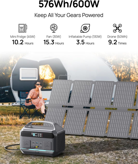 Solar Generator 600W (1200W Peak), Portable Power Station with 100W Solar Panel, 576Wh LFP Battery with AC & DC Outlets, 1.5Hour Fast Charging for Home & Emergency, Hurricane, CPAP