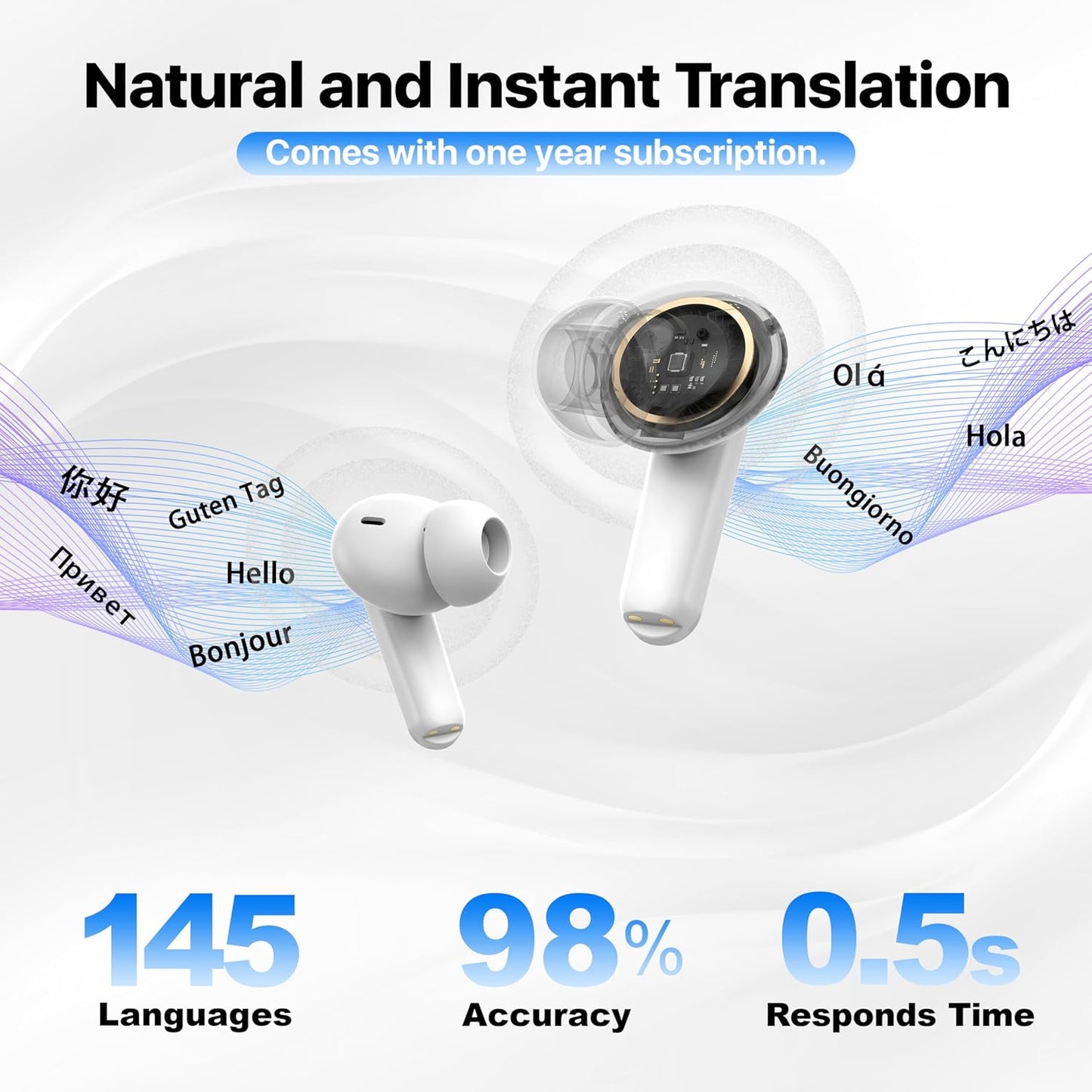 Active Noise Cancelling Wireless Earbuds with Real Time Translation, in Ear Bluetooth 5.4 Headphones Stereo Bass Ear Buds Translator via APP (Snow)
