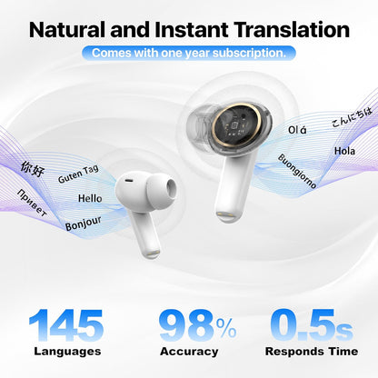 Active Noise Cancelling Wireless Earbuds with Real Time Translation, in Ear Bluetooth 5.4 Headphones Stereo Bass Ear Buds Translator via APP (Snow)