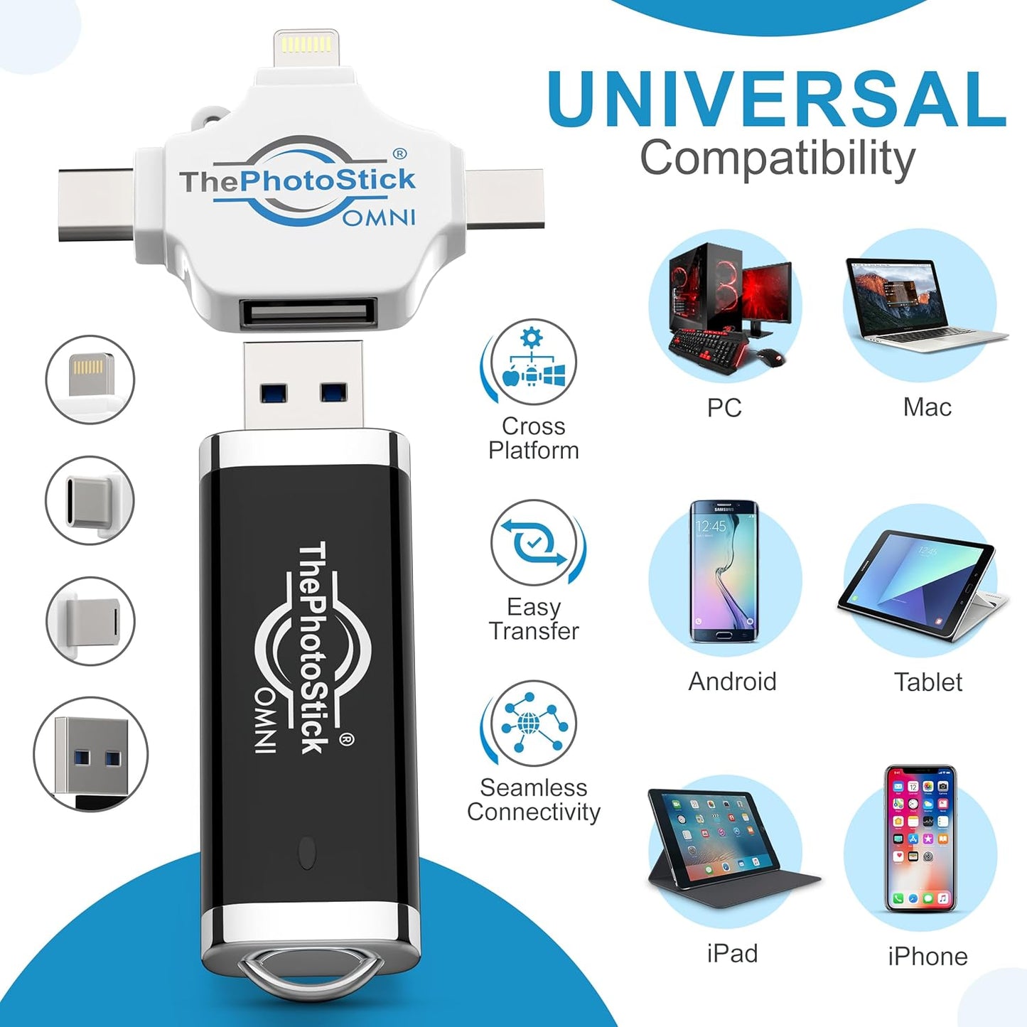 ThePhotoStick® Omni 128GB USB Flash Drive & Memory Stick – Photo & Video Backup for iPhone, Android, Mac & PC – Multiport Connection to Easily Store & Transfer Files