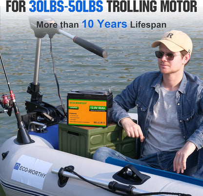 ECO-WORTHY 12V 50Ah Trolling Motor LiFePO4 Lithium Battery with BMS, 3000~15000 Times in Deep Cycle, for 30~50lb Trolling Motor, Travel Trailer, RV, Marine, Solar, Power Wheel Chair