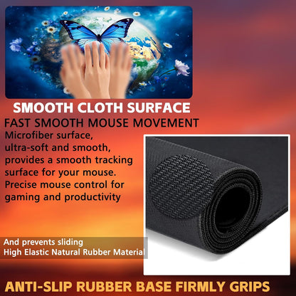 Desk Mat, Earth Surrounded by Flowers Desk Pad, Blue Butterfly Large Gaming Mouse Pad, 31.5"x15.7", Extended Big Computer Keyboard Mouse Pad with Non-Slip Base and Stitched Edge