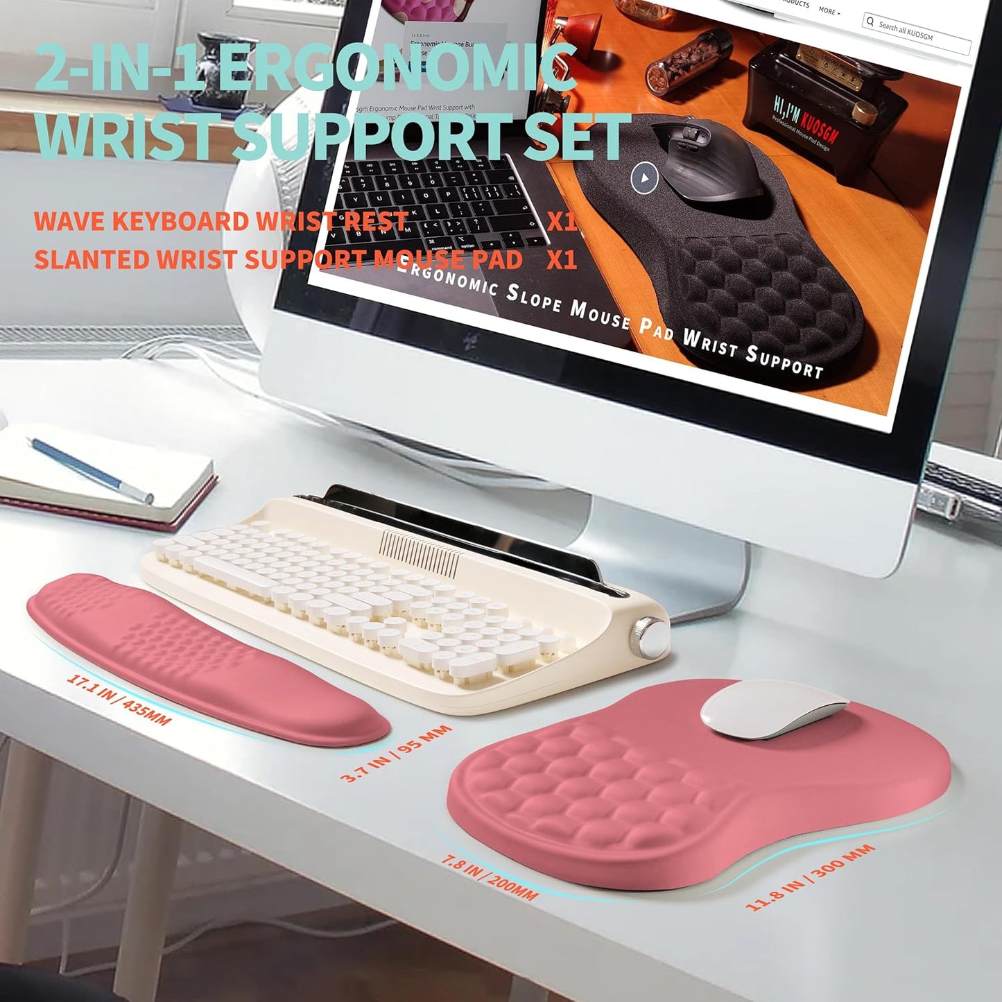 2-in-1 Ergonomic Set, Wave Rise Keyboard Wrist Rest and Massage Bulge Slope Mouse Pad Wrist Support, Cushion Memory Foam Integrated to Relieve Wrist Pain, Muskmelon Pink