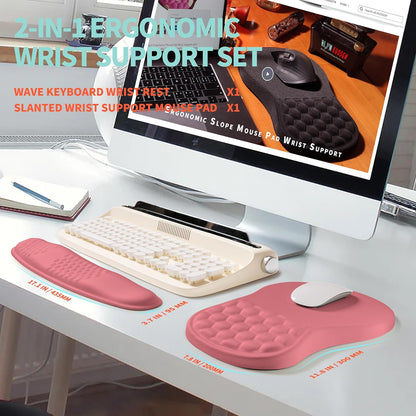 2-in-1 Ergonomic Set, Wave Rise Keyboard Wrist Rest and Massage Bulge Slope Mouse Pad Wrist Support, Cushion Memory Foam Integrated to Relieve Wrist Pain, Muskmelon Pink
