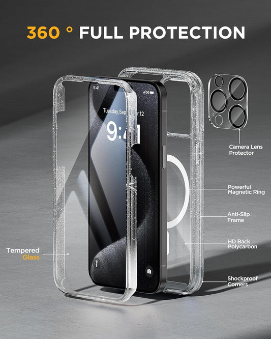 Miracase Magnetic for iPhone 15 Pro Case [Compatible with MagSafe] Full-Body Phone case with Built-in Glass Screen Protector& Camera Protector, Military Drop Proof 15 Pro Cover, Magnetic Clear Glitter