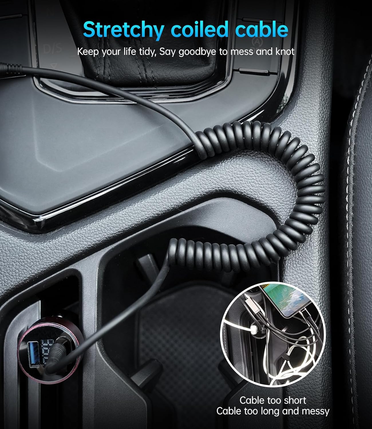 Coiled USB C to C Cable for Car 5FT, USB Type C Charger Cable 100W Short USBC Fast Charging Cable for iPhone 16/15/Pro/Plus/Pro Max/Samsung Galaxy S23, Compatible All Type C Devices-Black 2Pack