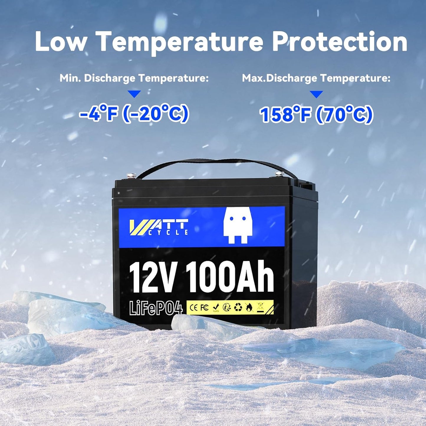 LiFePO4 Lithium Battery 12V 100Ah, Use EV Grade A+ Cell, Buit-in 100A BMS, Low Temperature Protection, Up to 15000 Cycles -Perfect for RV, Solar System, Trolling Motor, etc.