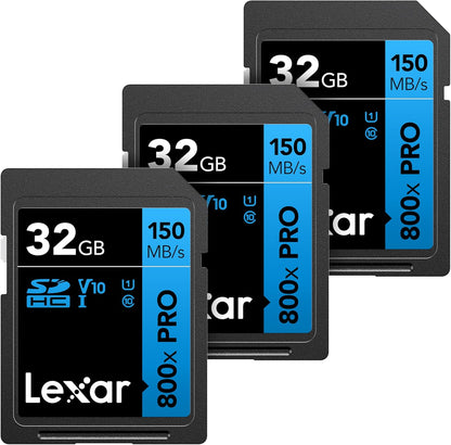 Lexar 32GB (3-Pack) High-Performance 800x PRO SD Card, UHS-I, C10, U1, V10, 4K, Up to 150MB/s Read Memory Card, for Point-and-Shoot & Mid-Range DSLR Cameras, HD Camcorders (LSD0800P032G-B3NNU)