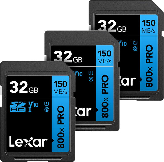 Lexar 32GB (3-Pack) High-Performance 800x PRO SD Card, UHS-I, C10, U1, V10, 4K, Up to 150MB/s Read Memory Card, for Point-and-Shoot & Mid-Range DSLR Cameras, HD Camcorders (LSD0800P032G-B3NNU)