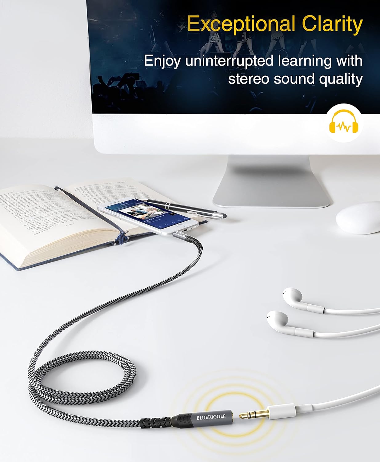 BlueRigger Headphone Extension Cable (35FT, 24K Gold Plated Jack, Hi-Fi Sound, 3.5mm Male to Female Stereo Audio Cable) – Aux Cord for iPod, Laptops, Smartphones, Speakers, Tablets, Home Car Stereo