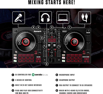 Numark Mixtrack Platinum FX Serato DJ Controller with Jog Wheel Displays, 4 Decks, Mixer, Effects Paddles and (Audio Interface)