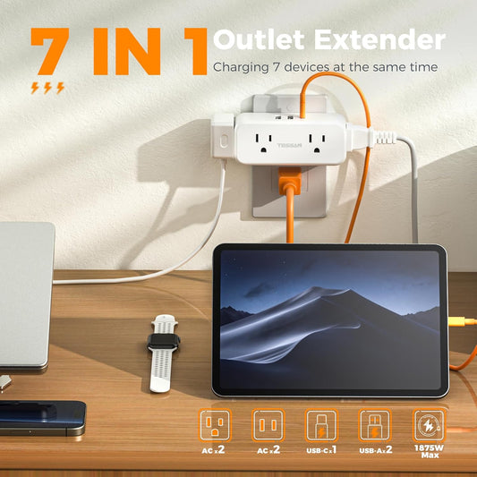 Outlet Extender Surge Protector, TESSAN Multi Plug Splitter with 4 Electrical Outlets 3 USB Ports (1 USB C), Multiple Wall Plug Expander for Home Office Kitchen Dorm Room, White
