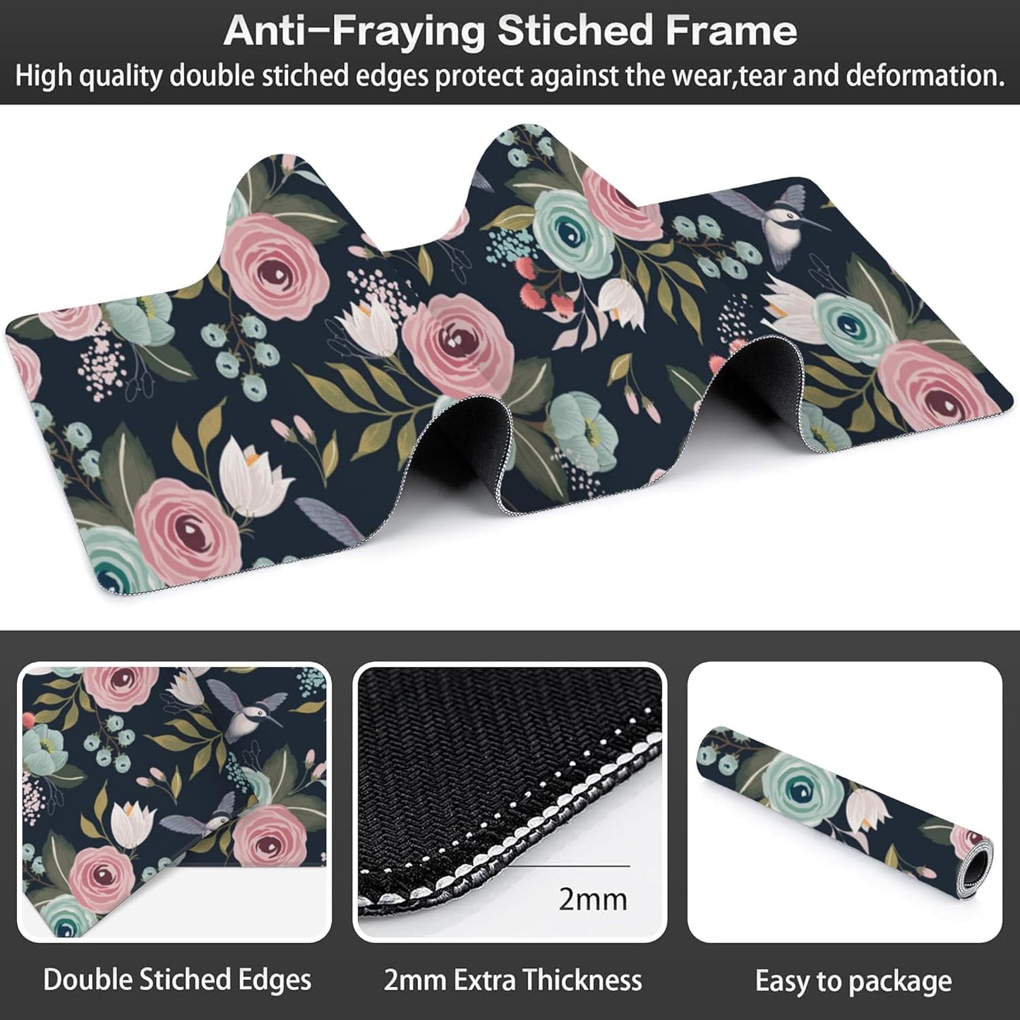 Colorful Flowers and Birds Desk Mat,Large Spring Floral Bird Gaming Keyboard Mouse Pad,Non-Slip Rubber Base Desk Pad Thick Stitched Edges Waterproof Mousepad Mouse Mat 31.5"x11.8"