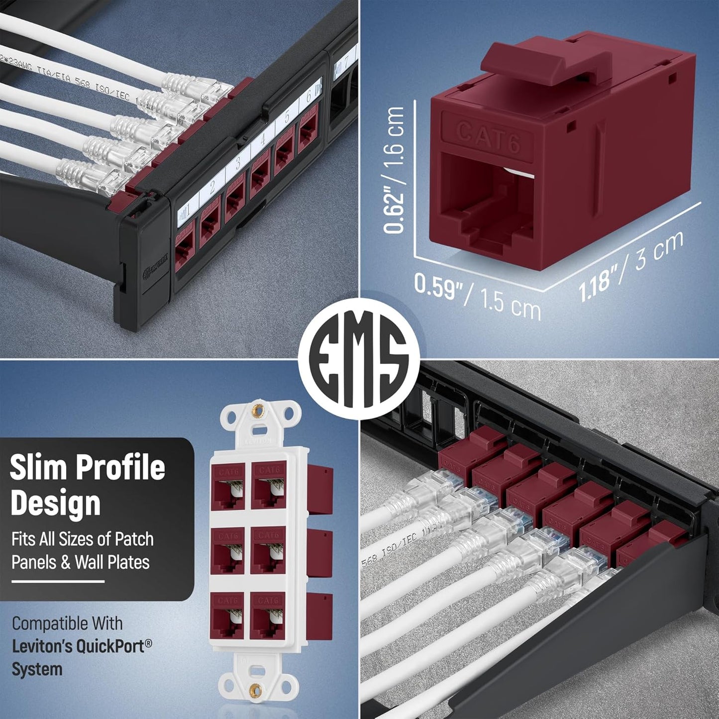 Everest Cat6 RJ45 Keystone Coupler (24-Pack) in Red - RJ45 Coupler - Cat 6 Couplers - Female to Female Cat6 Keystone Jacks - Ethernet Couplers - Ethernet Cable Extender