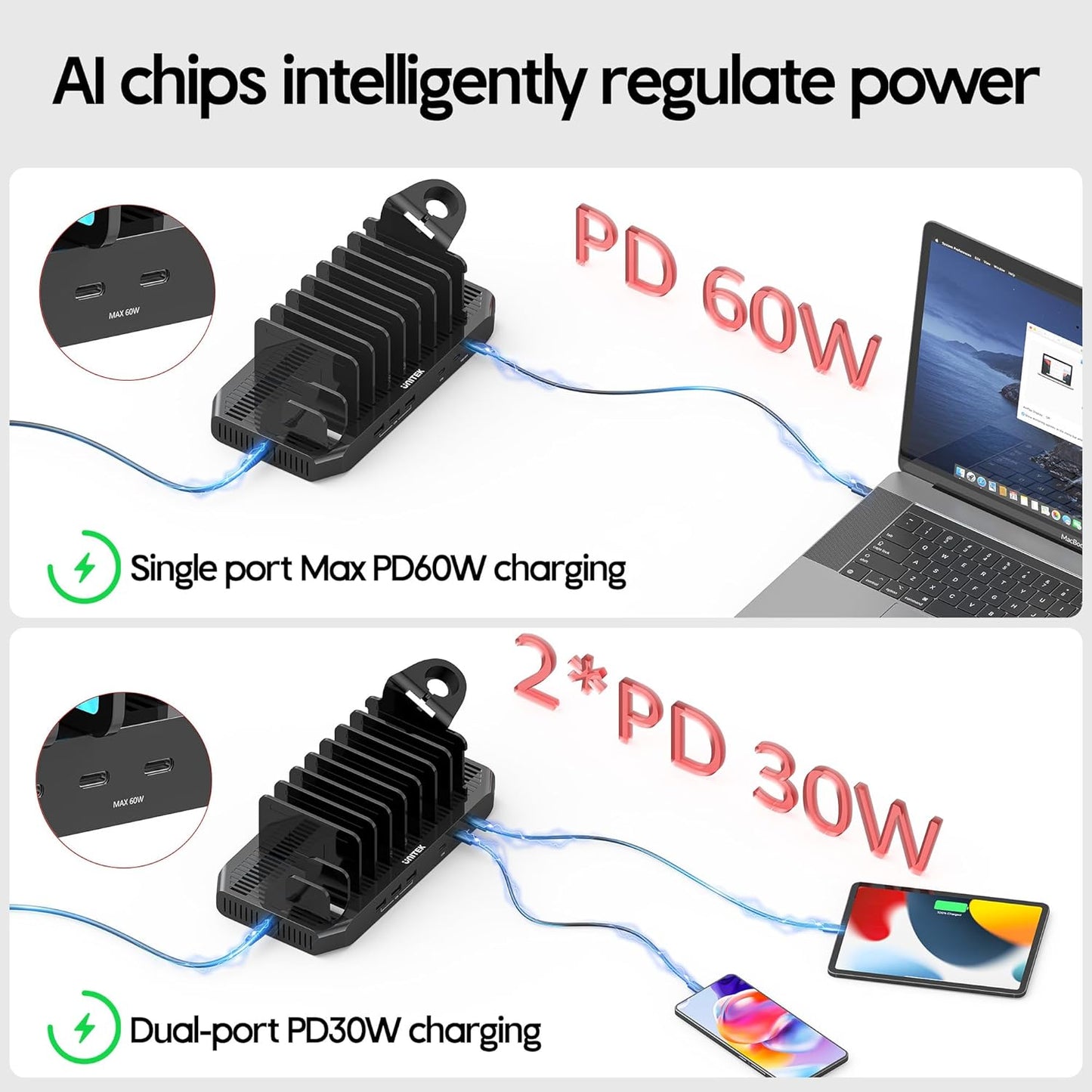 Unitek USB C Charging Station for Multiple Devices Apple - 6 Port MacBook Laptop Charging Dock with Type-C PD 60W Fireproof Fast Charging Stand with Smartwatch & Airpods Holder for iPhone iPad Tablet