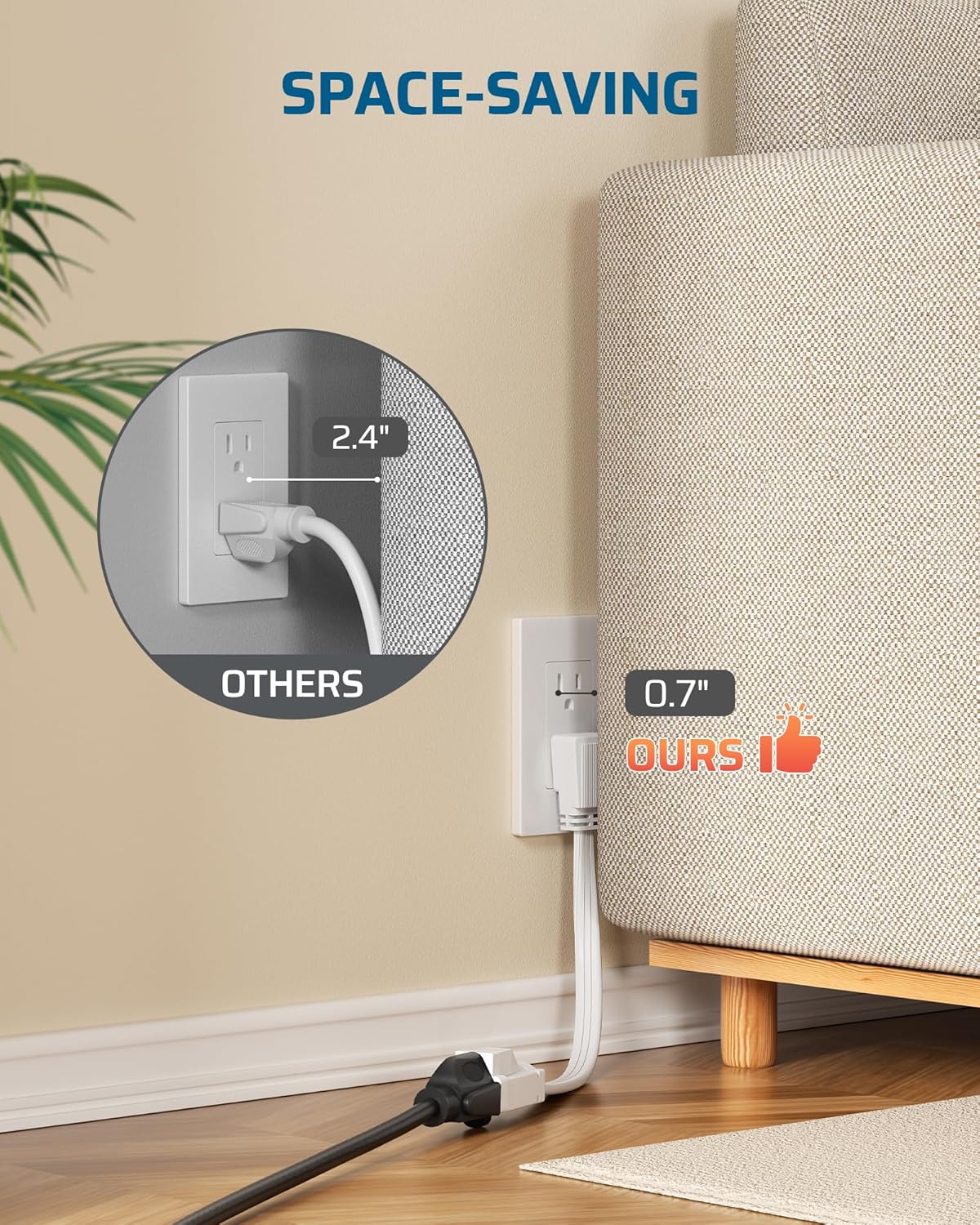 DEWENWILS Heavy Duty 1 Ft Extension Cord with 3-Prong Flat Plug, 15A/1875W 14/3 SPT-3 Flat Wire, Space-Saving for Home Office Appliances & Electronics, ETL Certified, 3-Pack (White)