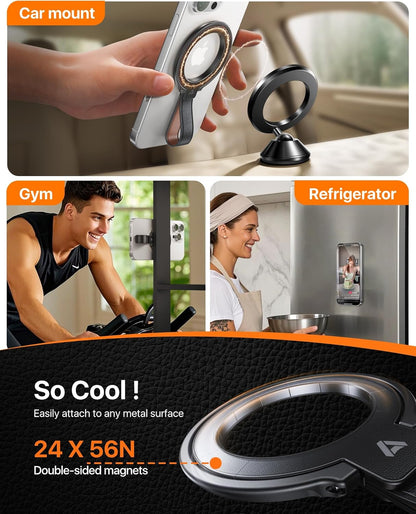 andobil[2025 Premium Leather] Magnetic Phone Grip for MagSafe[Unrivaled Stability] Adjustable Phone Ring Kickstand with Leather Loop Compatible with MagSafe Accessories&iPhone 16/15/14/13,Dark Black