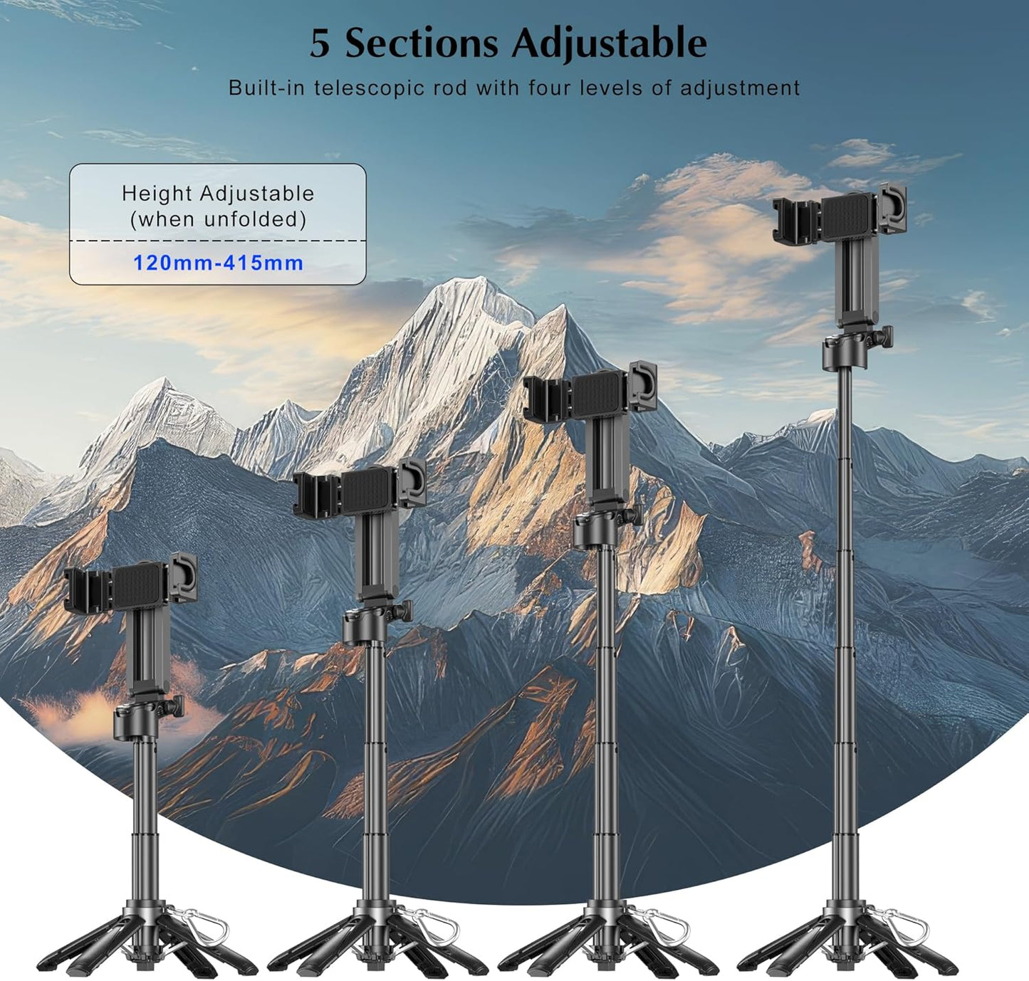 Mini Selfie Stick Tripod, Extendable Grip Phone Tripod with Detachable Remote Pocket Size, 4-in-1 Mini Phone Grip, 10m Wireless Shutter, Vlog Livestreaming Photography （Black）