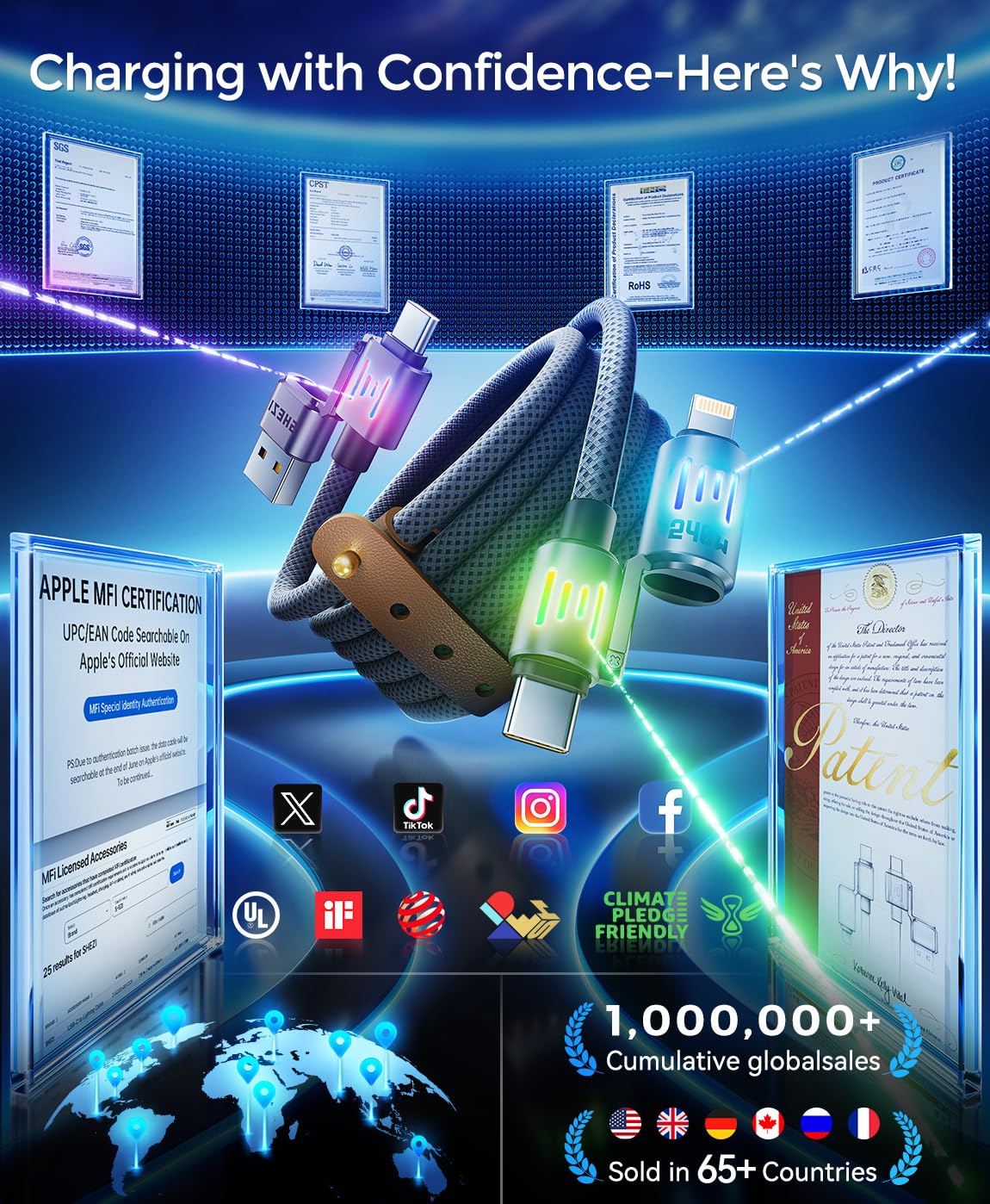 SHEZI 4-in-1 USB C Cable [240W Fast Charging & Data Transfer] Nylon iPhone Charger Cord with Light, Multi Charge Cables Combo with L/Type C/USB A Port for iPhone/iPad/Samsung, 5FT