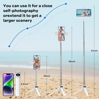 Mini Phone Tripod Stand,MQOUNY 38" Phone Tripod &Selfie Stick with Wireless Rechargeable Remote & Removable Light, Extendable Tripod Stand 360 Rotation Compatible with Phone&Android Samsung (White)