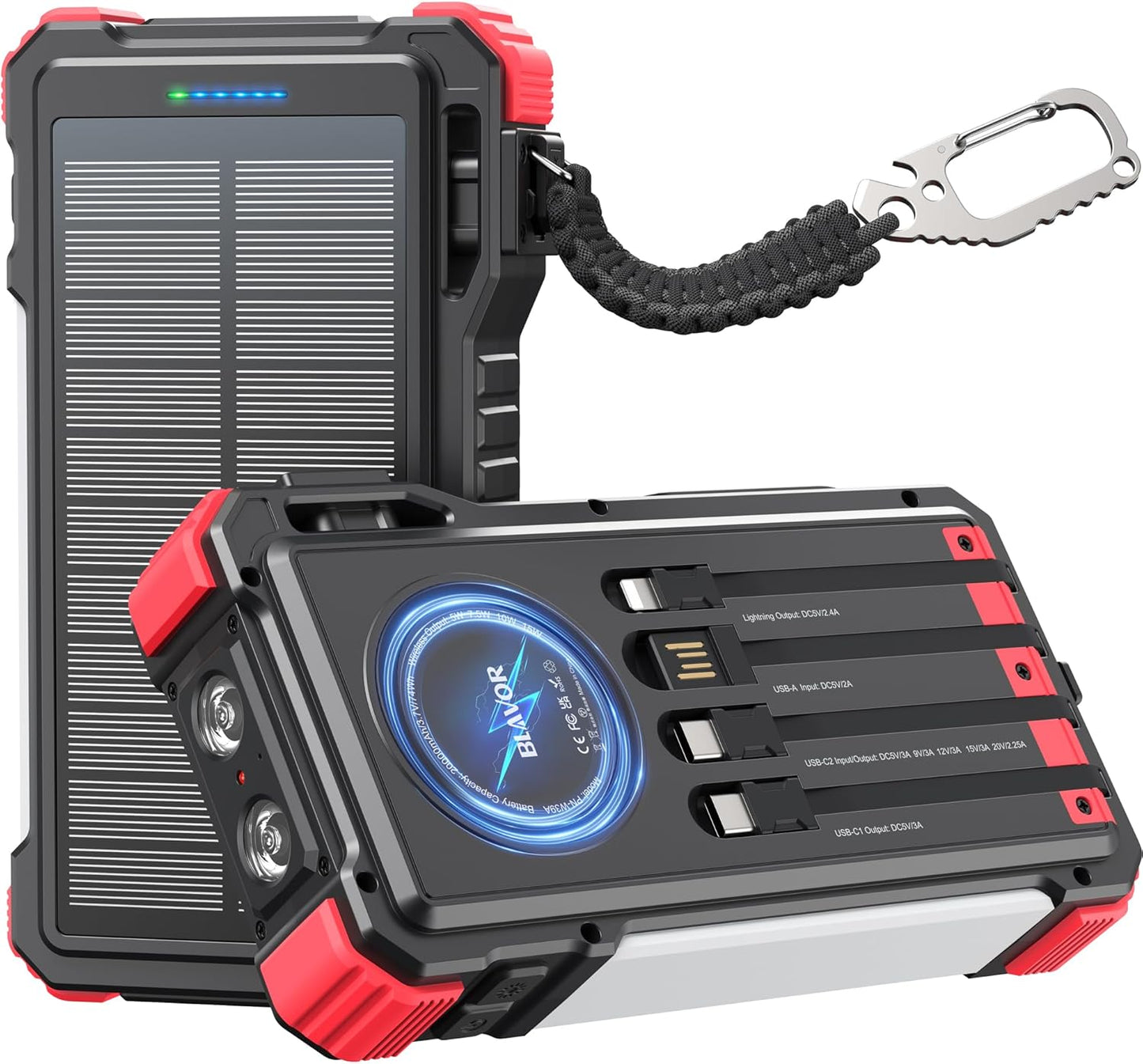 BLAVOR 45W Solar Charger Power Bank - 74000mwh Wireless Portable Charger Built-in Cables, PD QC Fast Charging Battery Pack with USB C for Cell Phones, Dual Flashlight & Carabiner for Camping, Hiking