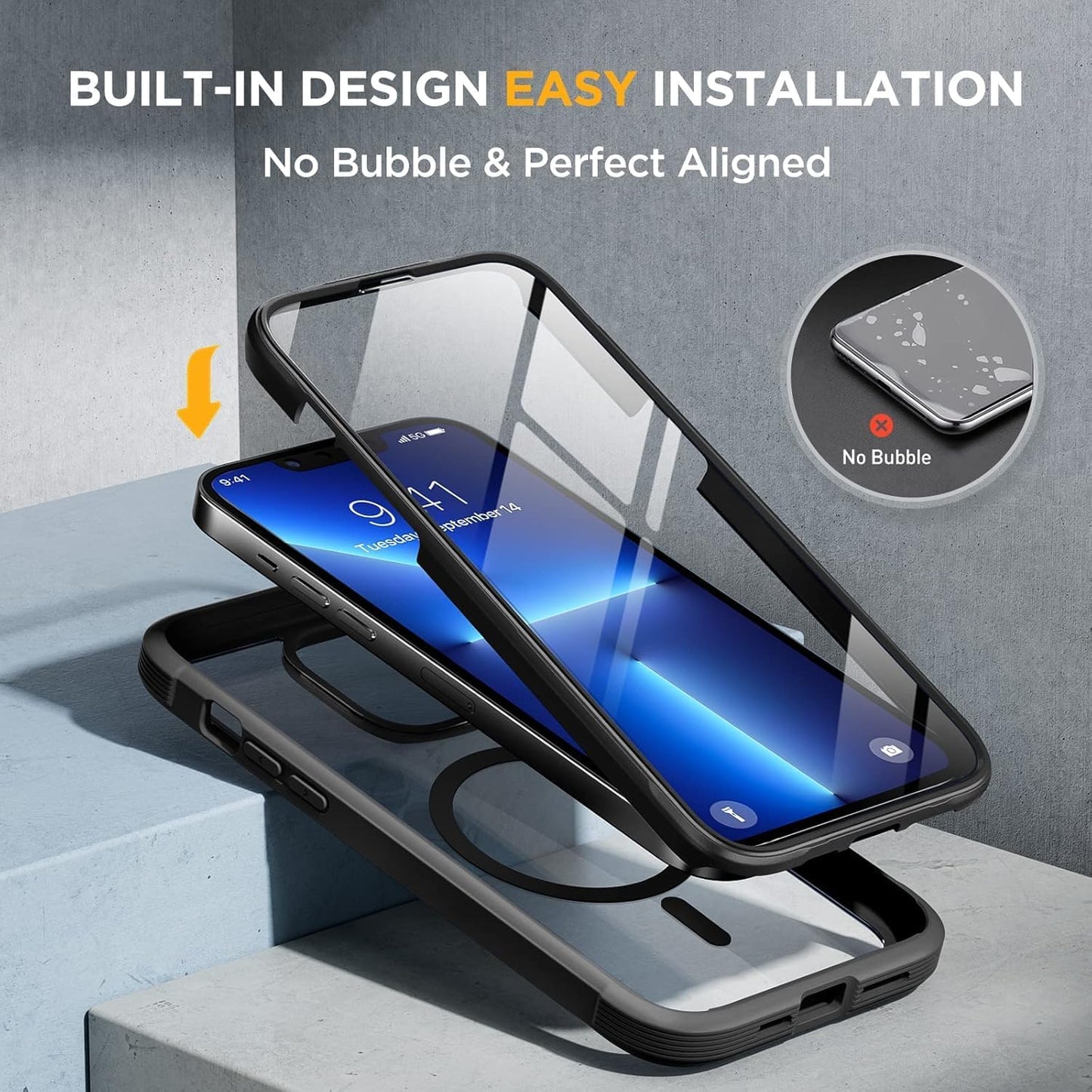 Miracase Magnetic Case for iPhone 13 Pro 6.1 Inch,with MagSafe,Built in Screen Protector,Full Body Protective(Black)