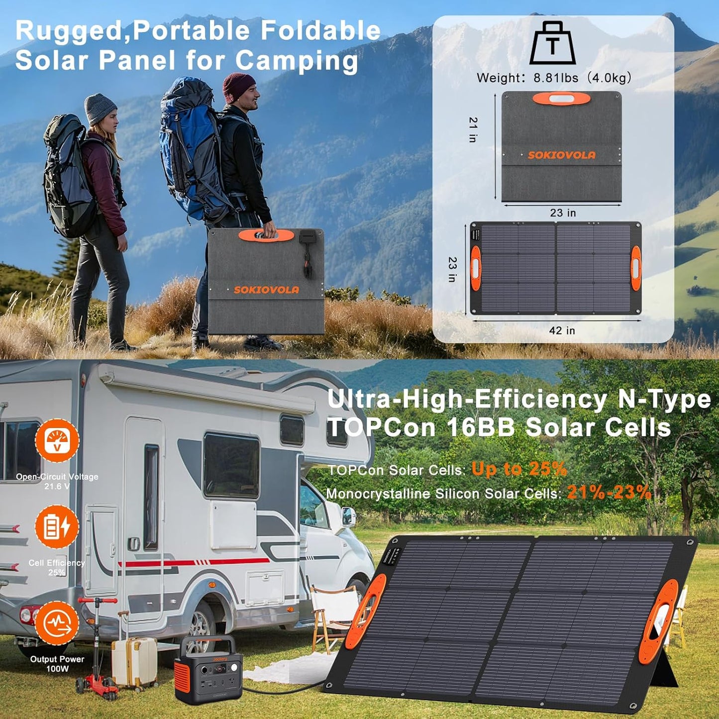 N-Type 16BB 100W Portable Solar Panel 18V ETFE Portable Foldable Solar Charger NextGen 25% High Conversion Folding Solar Panel for Camping Outdoor RV