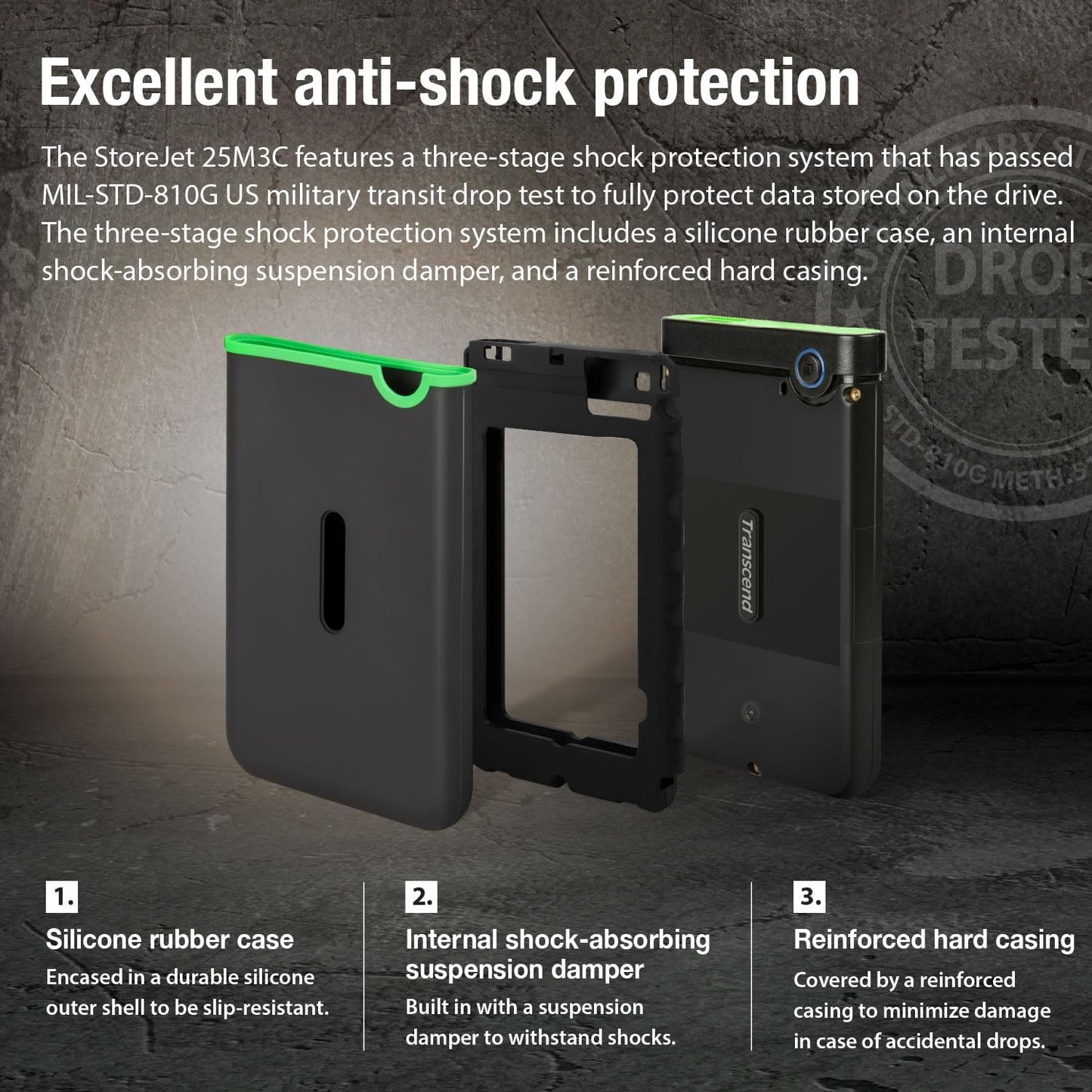 Transcend 4TB SJ25M3C, USB 3.1 Portable Hard Drive Rugged, Anti-Shock Resistant, Compact and Lightweight with Lightning-Fast Speeds, One Touch Backup Button, Type C, Iron Grey - TS4TSJ25M3C