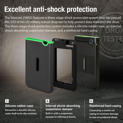 Transcend 4TB SJ25M3C, USB 3.1 Portable Hard Drive Rugged, Anti-Shock Resistant, Compact and Lightweight with Lightning-Fast Speeds, One Touch Backup Button, Type C, Iron Grey - TS4TSJ25M3C