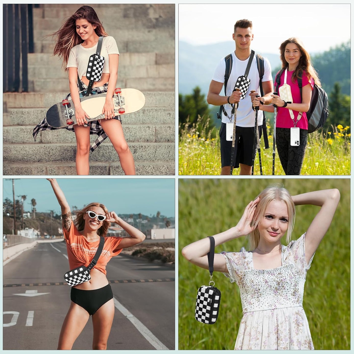 Clip and Go Strap for Phone with Wallet Crossbody, Adjustable Phone Lanyard with Detachable RFID Wristlet Wallet, Phone Strap with Phone Tabs for All Phones, Black Checkered (L)