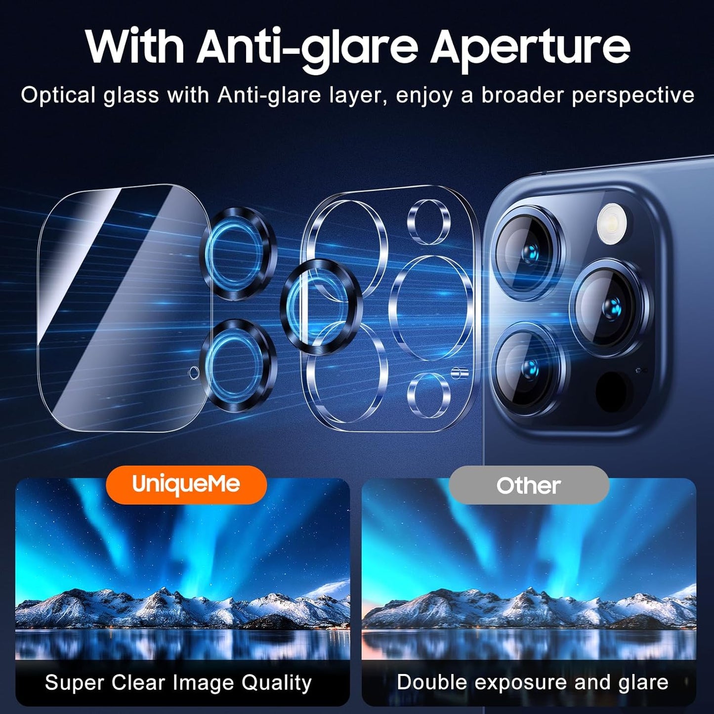 UniqueMe Compatible for 3 Pack iPhone 15 Pro/iPhone 15 Pro Max Camera Lens Protector, [Drop Protection] [Case Friendly] 9H Tempered Glass Camera Cover Screen [2023 New Version]- Blue