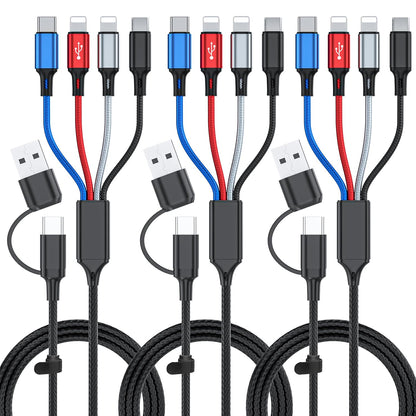 6 in 1 Multi Charging Cable 3Pack-6FT Multi USB Cable 3A Multi Charger Cable Braided Multiple Phone Charger Cable Universal USB A/C Charging Cord with 2*IP/Type C/Micro USB Port for Cell Phone/Tablets