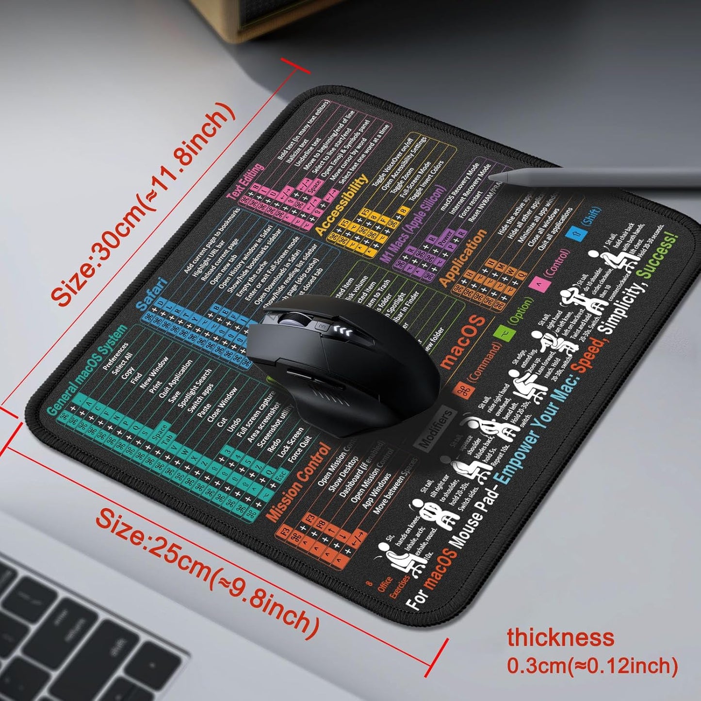 Mouse Pad for macOS Shortcuts – Small mac Cheat Sheet Desk Pad – 11.8"x9.8" Portable Computer Mousepad – Gaming, Office, Waterproof, Non-Slip, Stitched Edges
