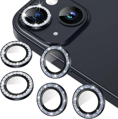 AGVEE 3+3 for iPhone 14 6.1" / 14 Plus 6.7" Camera Lens Protector, Bling Diamond & Bling Glitter Metal Ring 9H Tempered HD Glass Camera Protector Cover Film, Bling-Black