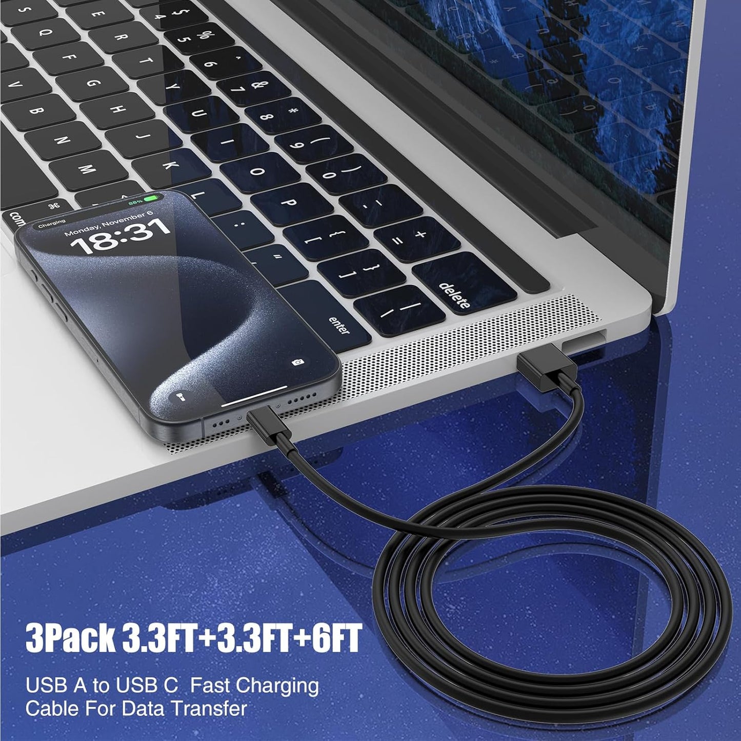 3-Pack Black [3.3FT+3.3FT+6FT] USB A to USB C Cable，USB to USB C Car Carplay Cable for iPhone 16 15 Pro Plus Pro Max，for iPad Pro/Air/Mini，for Samsung S24/S23/S22/S21，for MacBook Pro/Air and More