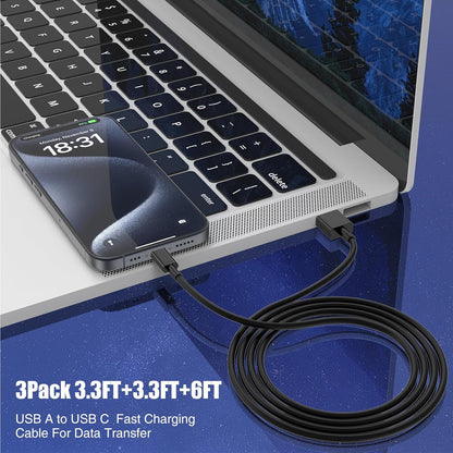 3-Pack Black [3.3FT+3.3FT+6FT] USB A to USB C Cable，USB to USB C Car Carplay Cable for iPhone 16 15 Pro Plus Pro Max，for iPad Pro/Air/Mini，for Samsung S24/S23/S22/S21，for MacBook Pro/Air and More