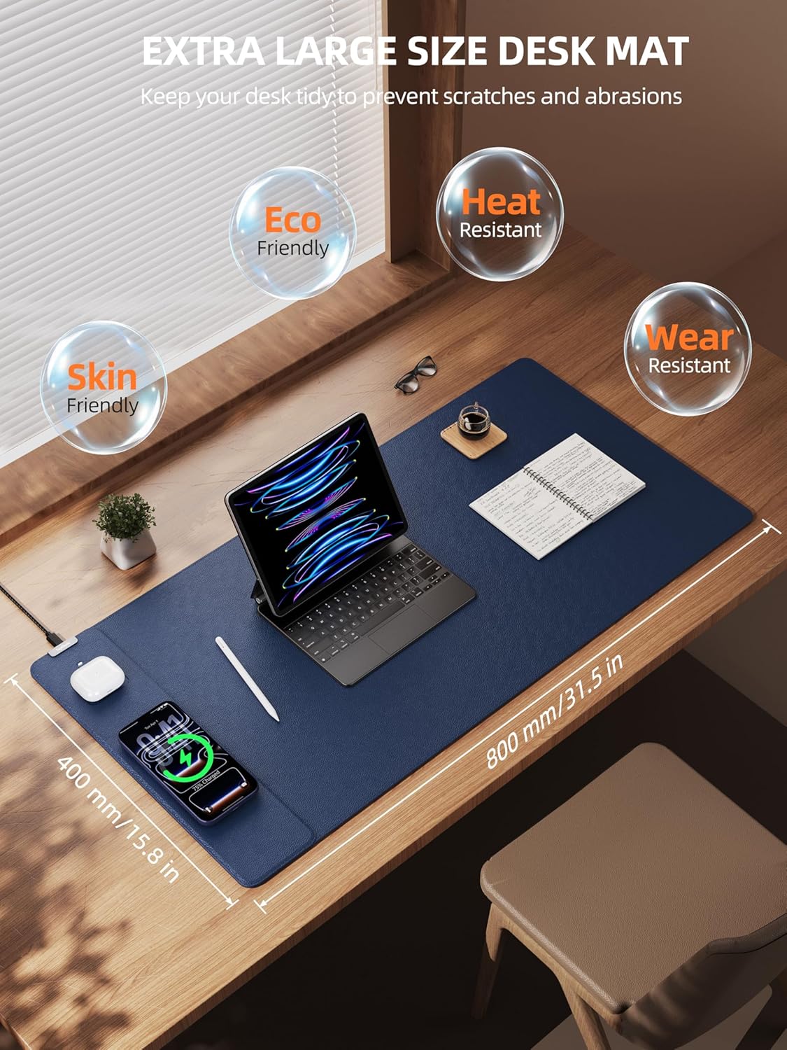 TopMade Mouse Pad with 15W Wireless Charging, XXL Large Leather Desk Mat, Waterproof Gaming Mousepad Home Office Desk Pad Protector, Computer Keyboard Pad, Mouse Mat for for MacBook, PC, Laptop, Blue