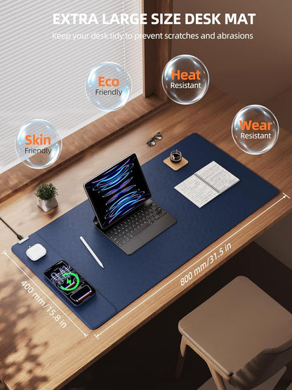 TopMade Mouse Pad with 15W Wireless Charging, XXL Large Leather Desk Mat, Waterproof Gaming Mousepad Home Office Desk Pad Protector, Computer Keyboard Pad, Mouse Mat for for MacBook, PC, Laptop, Blue