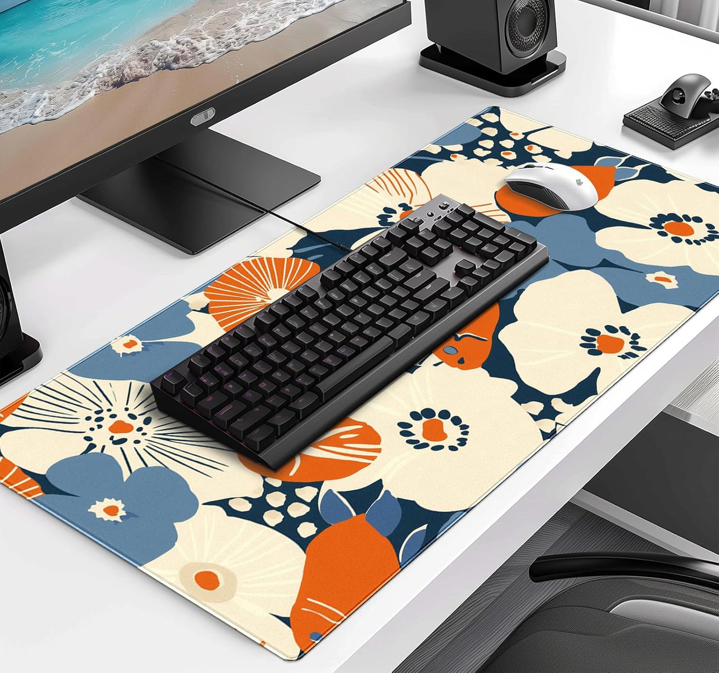 Cute Anime Flower Mouse Pad, Women's Office Desk Accessory Decoration, Expanded Mouse Pad 35.4 x 15.7 x 0.12 Inch Sewn Edge Non Slip Rubber Base