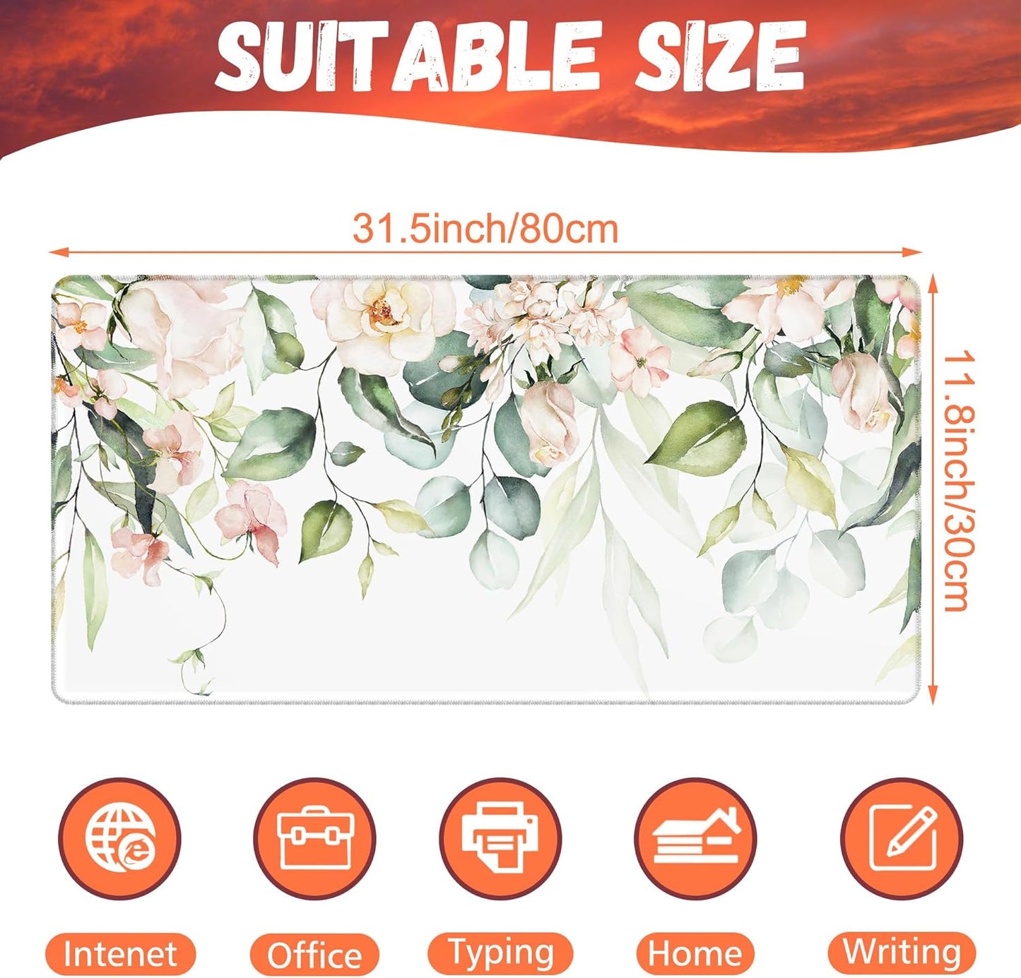 Desk Mat, Watercolor Pink Flowers Desk Pad, Green Leaves Flowers Large Gaming Mouse Pad for Desk, 31.5"x15.7" Extended Big Computer Keyboard Mouse Pad with Non-Slip Base and Stitched Edge