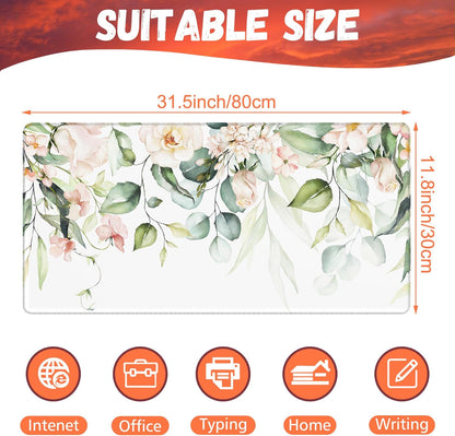 Desk Mat, Watercolor Pink Flowers Desk Pad, Green Leaves Flowers Large Gaming Mouse Pad for Desk, 31.5"x15.7" Extended Big Computer Keyboard Mouse Pad with Non-Slip Base and Stitched Edge
