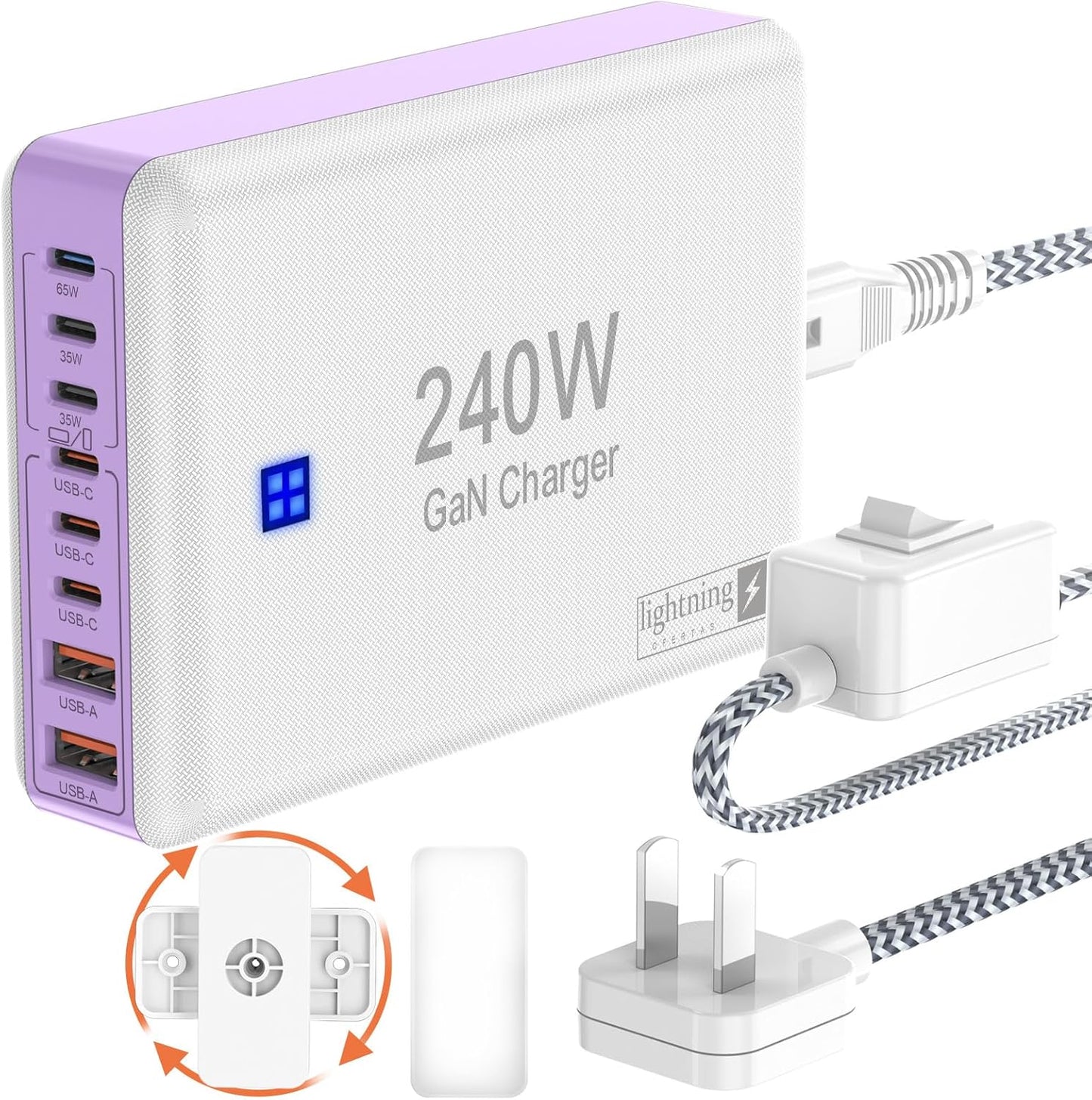 Type C Charger 240W, USB C Charger Block Fast Charging 8 Ports, PD 65W GaN III Laptop Charger Adapter Compatible with MacBook Pro/Air,DELL,Steam Deck,iPhone 15/14/13,Galaxy S23/22, More Gadgets