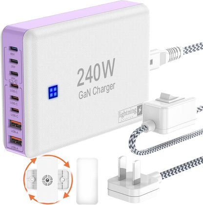 Type C Charger 240W, USB C Charger Block Fast Charging 8 Ports, PD 65W GaN III Laptop Charger Adapter Compatible with MacBook Pro/Air,DELL,Steam Deck,iPhone 15/14/13,Galaxy S23/22, More Gadgets