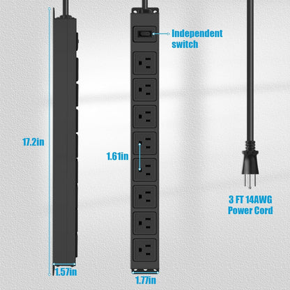 HHSOET Magnetic Mount Power Strip, 8 Outlet Mountable Socket, Metal Heavy Duty Surge Protector, Gaming Table Outlet, Easy to Fix Without Drilling or Taping, 3FT Extension Cord.(Black)