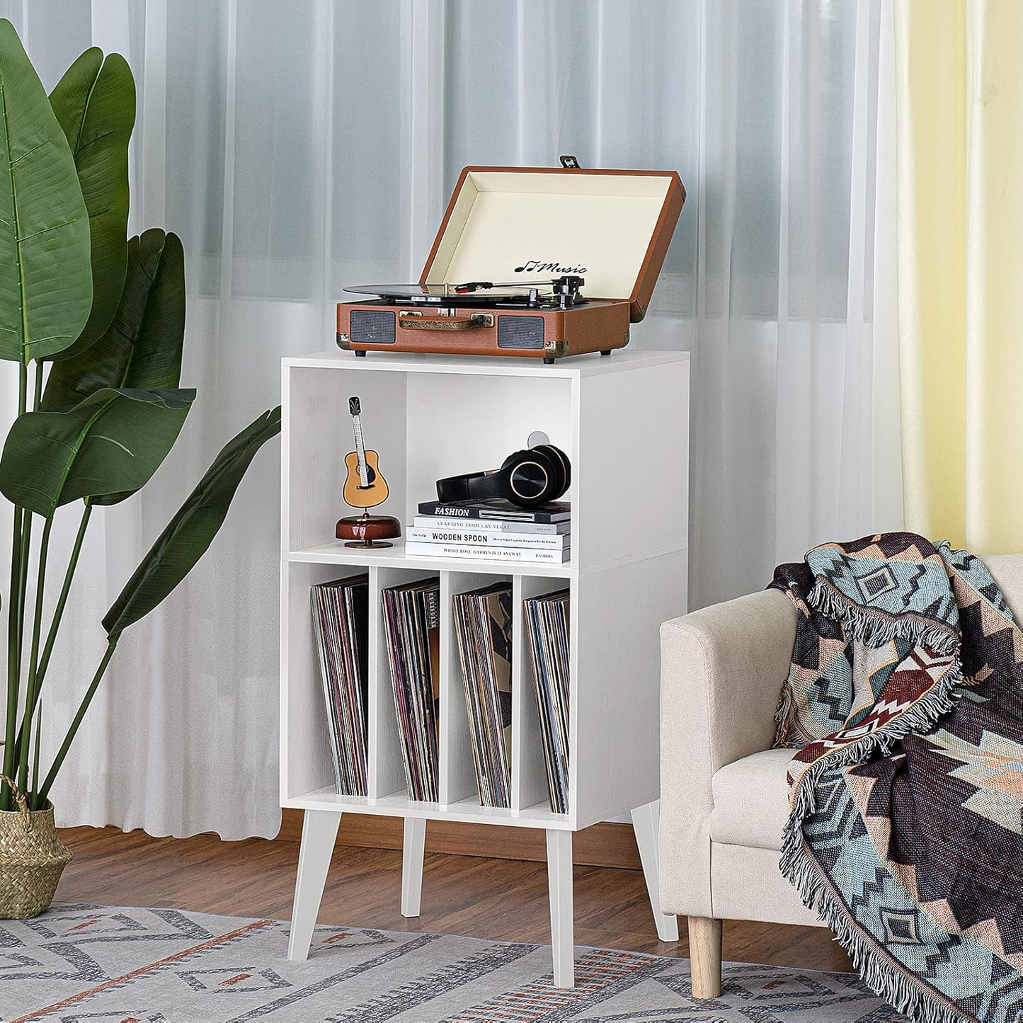 Lerliuo Record Player Stand, White Turntable Stand Holds up to 160 Albums, Mid-Century Vinyl Storage Cabinet Table with Solid Wood Legs, Record Player Holder Dispaly Shelf for Bedroom Living Room