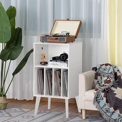 Lerliuo Record Player Stand, White Turntable Stand Holds up to 160 Albums, Mid-Century Vinyl Storage Cabinet Table with Solid Wood Legs, Record Player Holder Dispaly Shelf for Bedroom Living Room