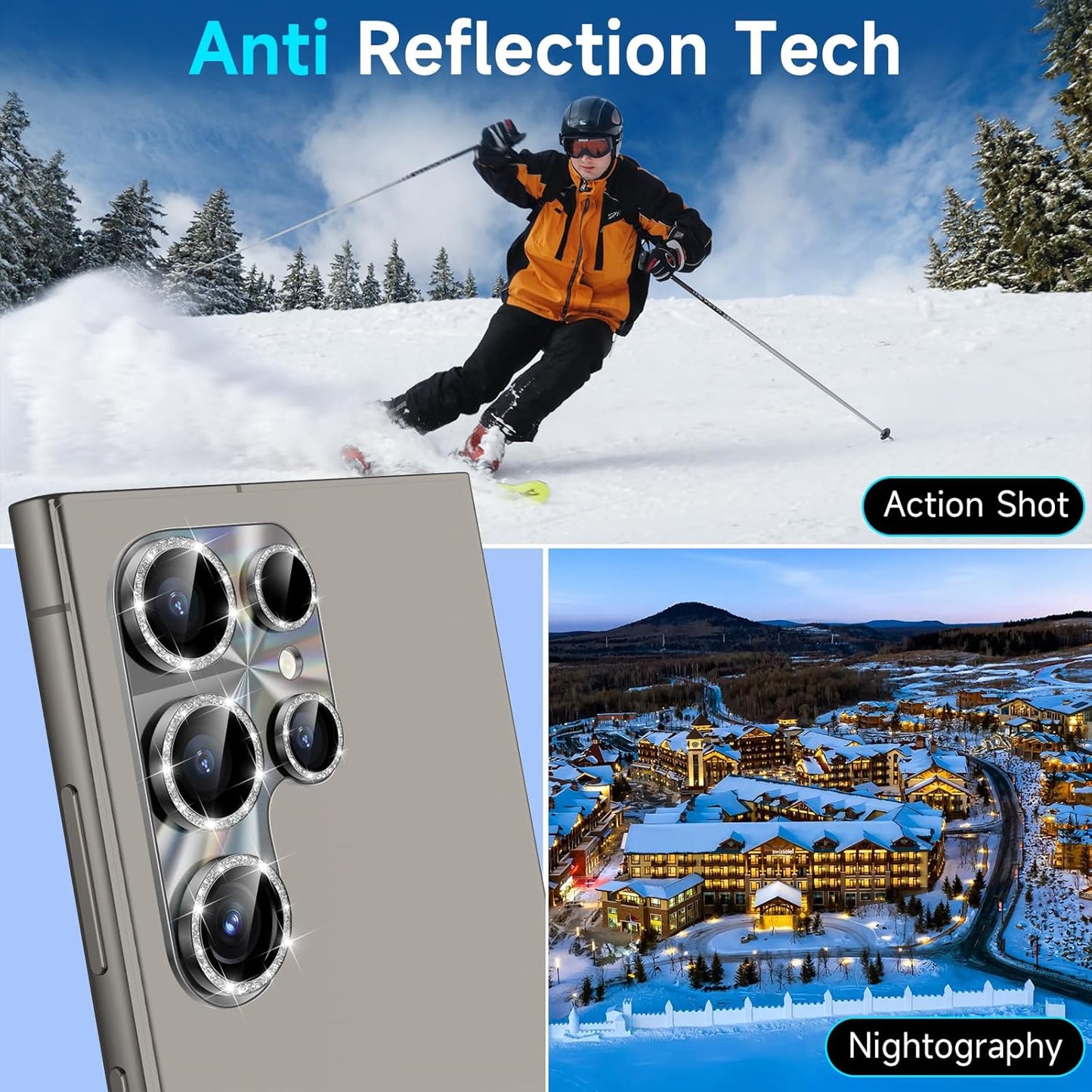 YWXTW Camera Lens Protector for Samsung Galaxy S24 Ultra, [Lithography Laser Gradient] [5X Strengthen] Bling Glitter Tempered Glass Screen Protector Metal Ring Camera Lens Cover (Titanium Gray)