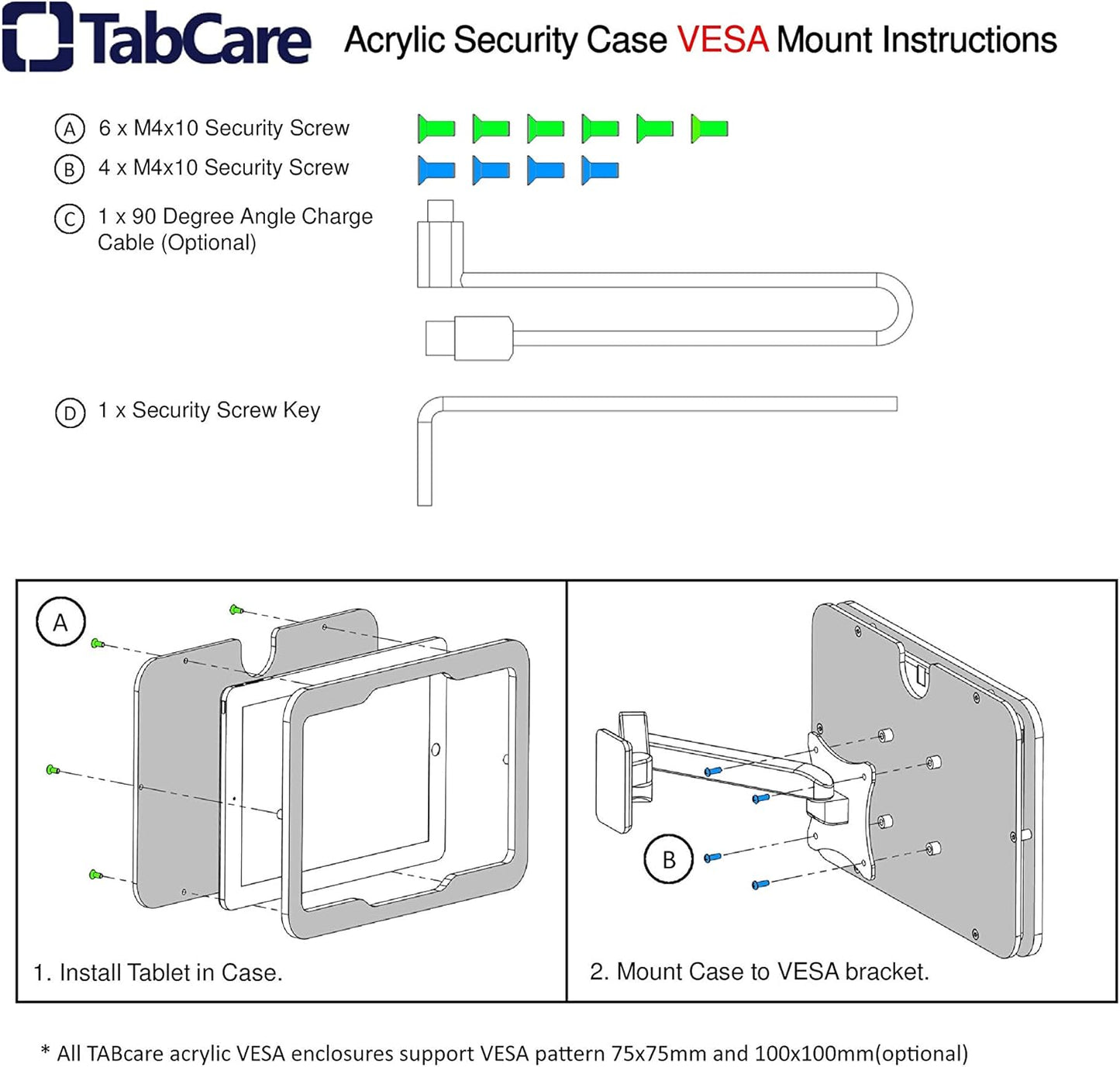 TABcare Anti-Theft Acrylic VESA Enclosure for Apple iPad Mini 1/2/3 with Free Wall Mount Kit & 90-Degree Angle Charge Cable (iPad Mini 1/2/3 8", Black)