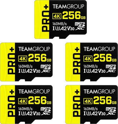 TEAMGROUP A2 Pro Plus Card 256GB x 5 Pack Micro SDXC UHS-I U3 A2 V30, R/W up to 160/110 MB/s for Nintendo-Switch, Gaming Devices, Tablets, Smartphones, 4K Shooting, with Adapter TPPMSDX256GIA2V3063