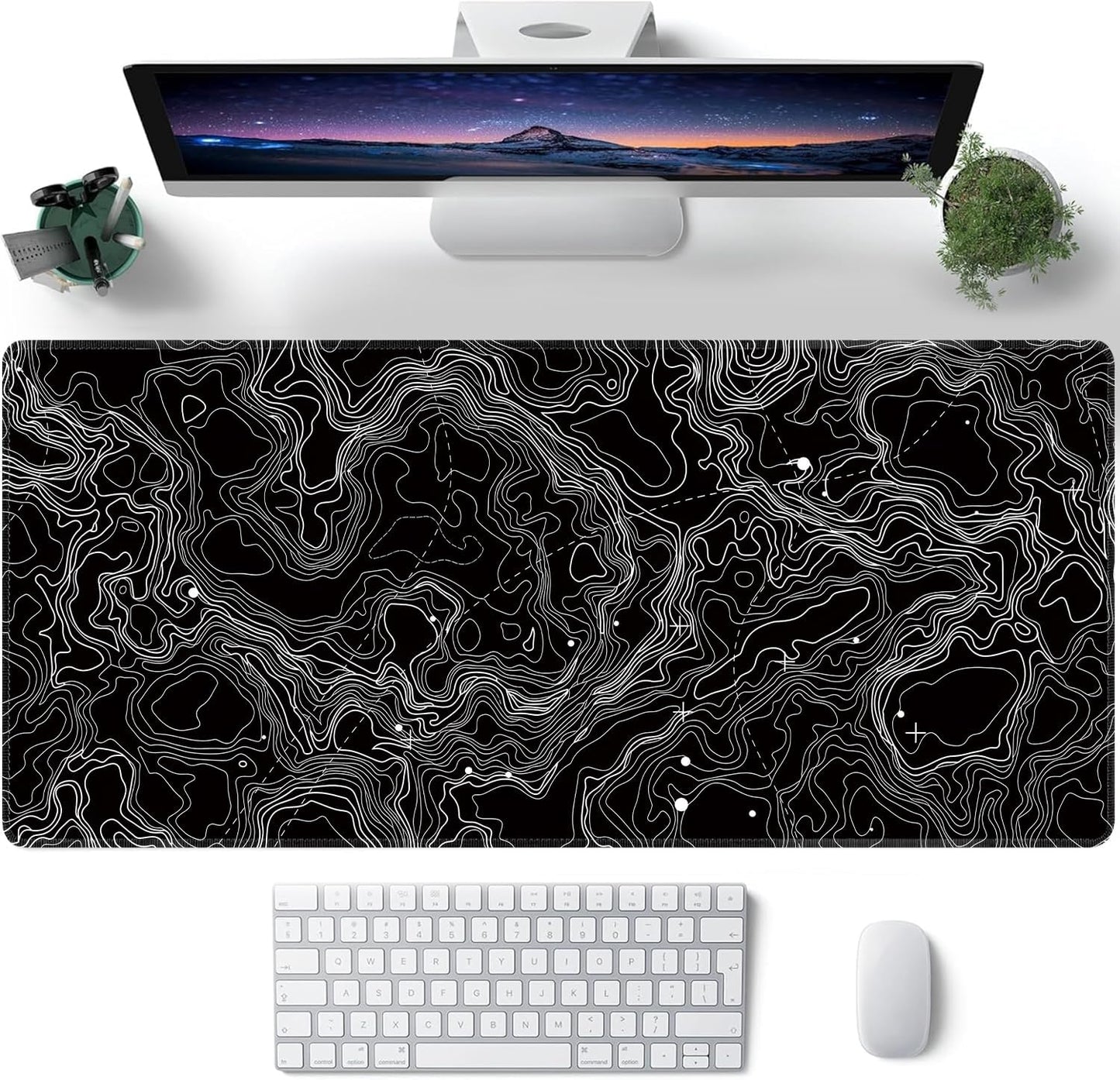 Black with White Topographic Line Large Mouse Pad,Gaming Keyboard Desk Pad,Extended Mouse Mat Non-Slip Rubber Base with Stitched Edges for Office Game Home XXL 35.4"x15.7"